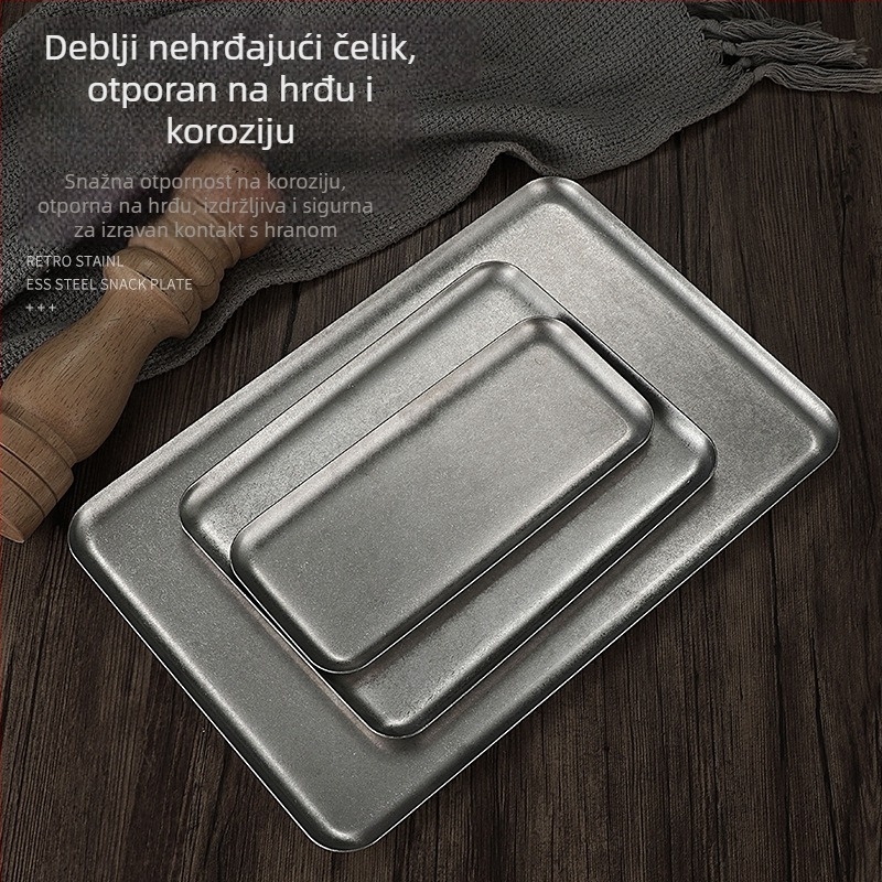 Vintage pravokutni tanjur od nehrđajućeg čelika, industrijski retro stil, jednofarban uzorak, pogodan za mikrovalnu