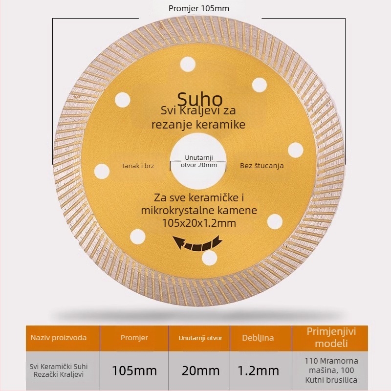 Diamantski disk za rezanje pločica - bez oštećenja, suho rezanje, kompatibilan s kutnom brusilom, pogodan za keramiku, mramor i kamen