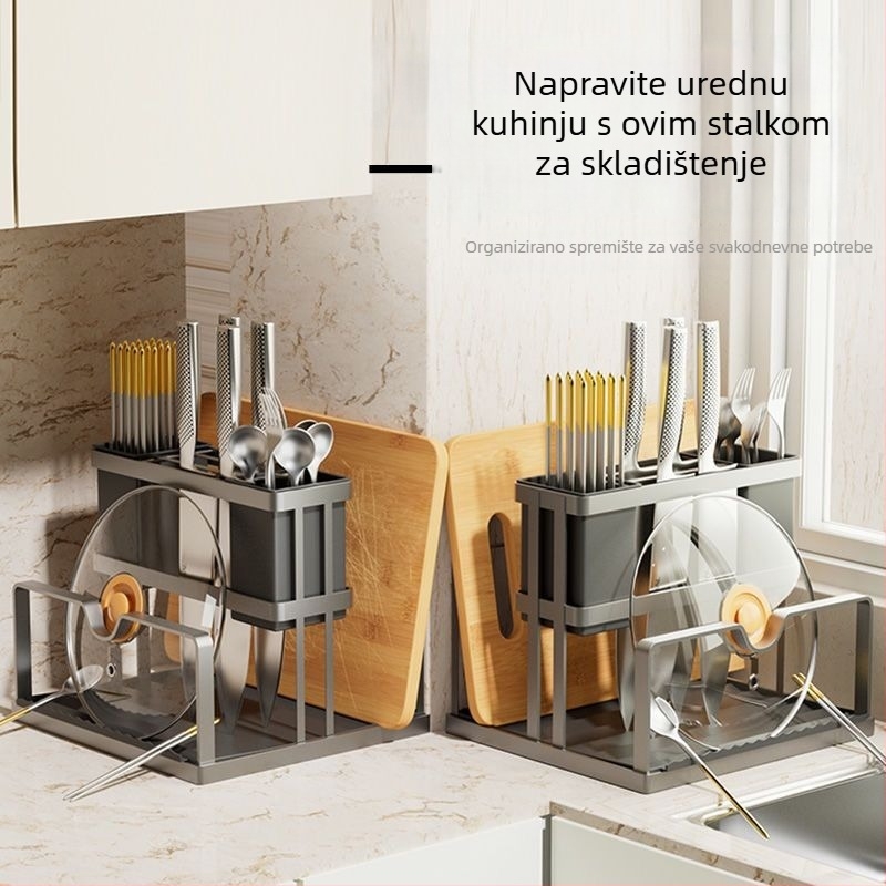 Zidni kuhinjski organizator s integriranim držačem za dasku za rezanje, držačem za štapiće i stalak za nože (Materijal: karbonsko čelika; Dizajn: zidni; Stil: jednostavan i moderan)