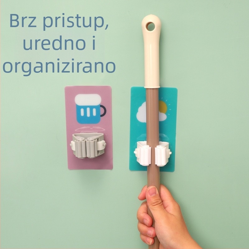 Držač za mop bez bušenja i kuka – zidni, glatko kupaonsko skladištenje, plast, jedan kuka, nosivost 1–3 kg