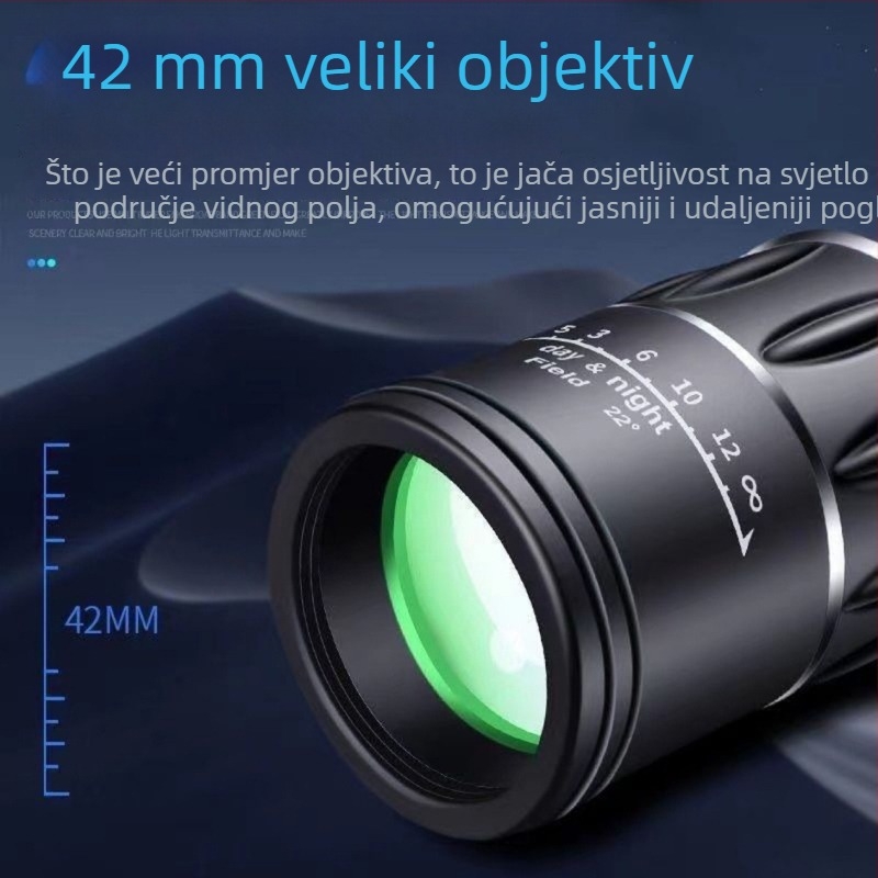 Monokularni teleskop s 5x povećanjem, izlazna zjenica 20 mm, rezolucija 52, funkcija Zoom.