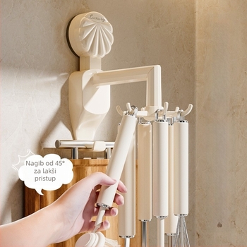 Zidni kuhinjski stalak s usisnim kukom i rotirajućim jednim kukom, PET materijal, nosivost 3–5 kg