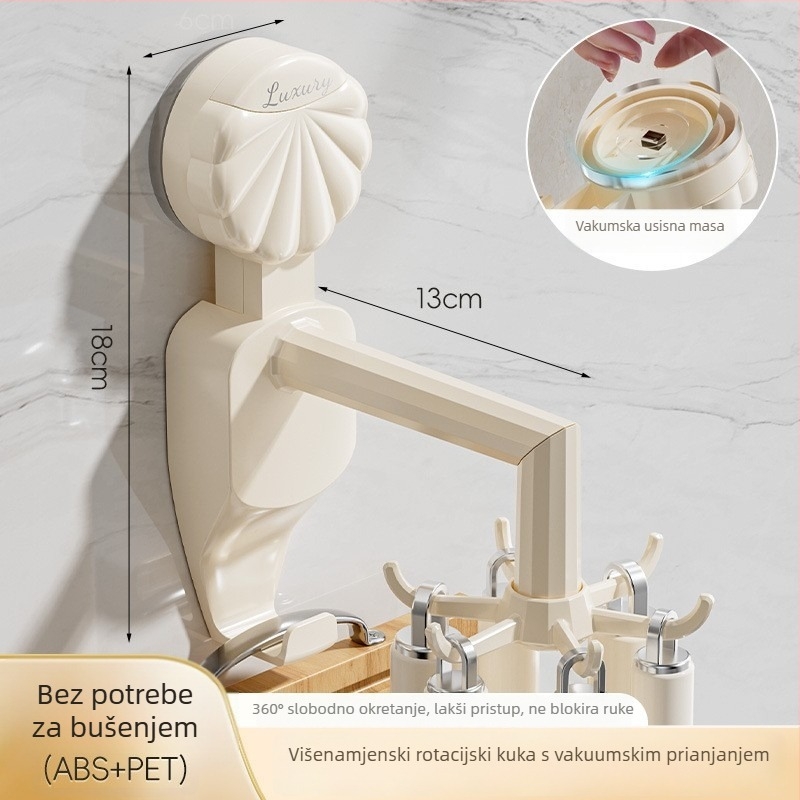 Zidni kuhinjski stalak s usisnim kukom i rotirajućim jednim kukom, PET materijal, nosivost 3–5 kg