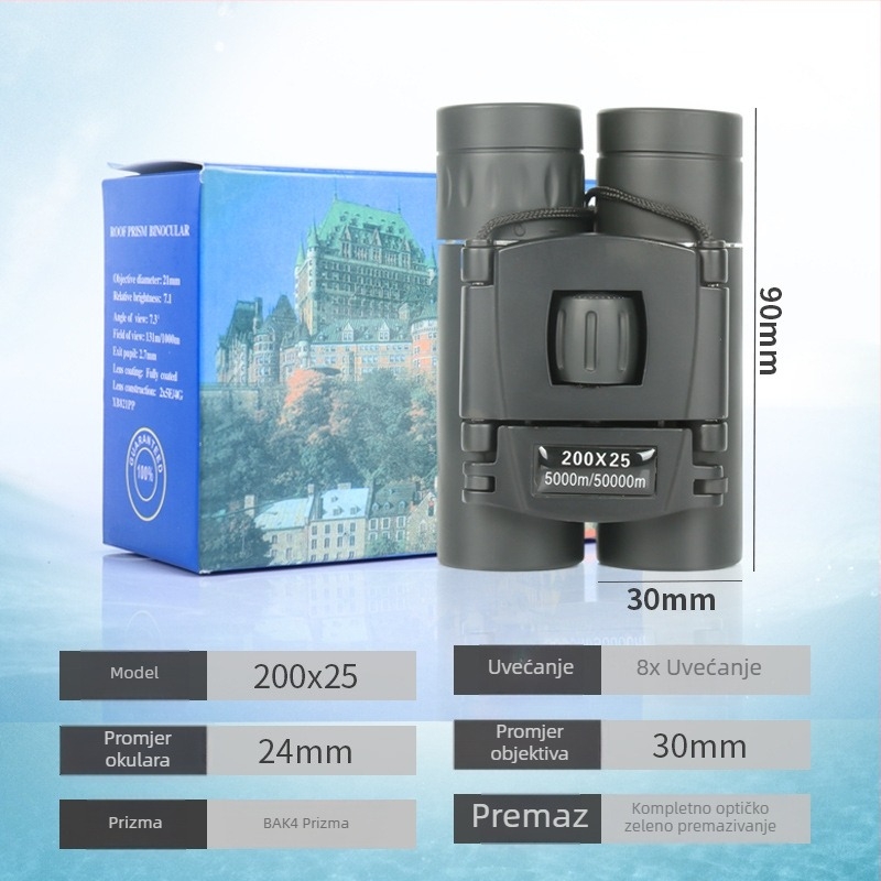 Binokular 8x21, kompaktan za vanjsku upotrebu, povećanje 8x, promjer objektiva 21 mm, promjer izlazne zjenice 125, udaljenost izlazne zjenice 126