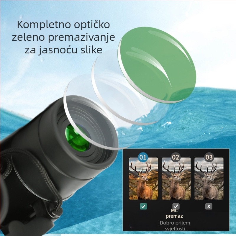 Binokular 8x21, kompaktan za vanjsku upotrebu, povećanje 8x, promjer objektiva 21 mm, promjer izlazne zjenice 125, udaljenost izlazne zjenice 126