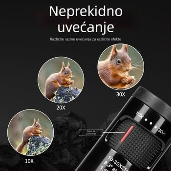 Monokularni teleskop s promjenjivim povećanjem 10-30x, 21 mm objektiv, noćni vid pri slabom osvjetljenju, lagan i kompaktan