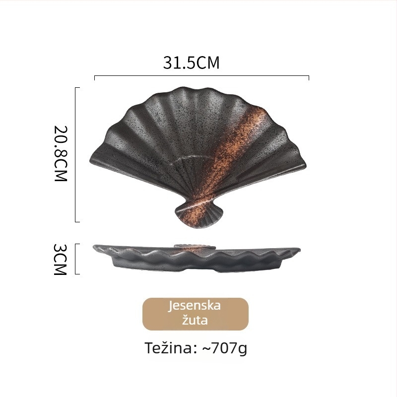 Keramički tanjur u obliku fana za japansku kuhinju, mikrovalno siguran, pod glazurom, s više uzoraka