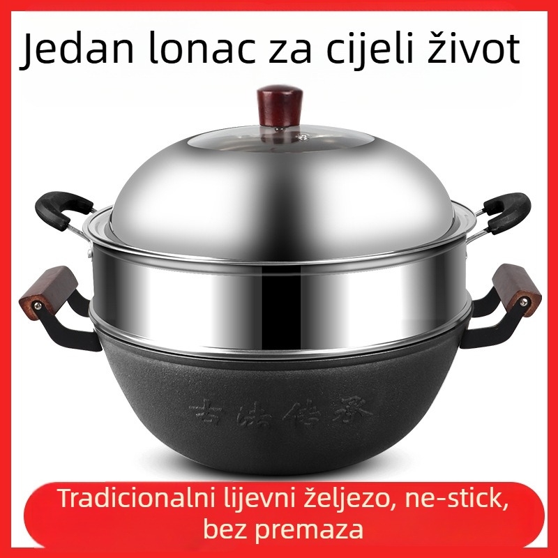 Lijevni wok s ravnim dnom, kineskog stila, bez premazivanja, poklopac od nehrđajućeg čelika sa staklom