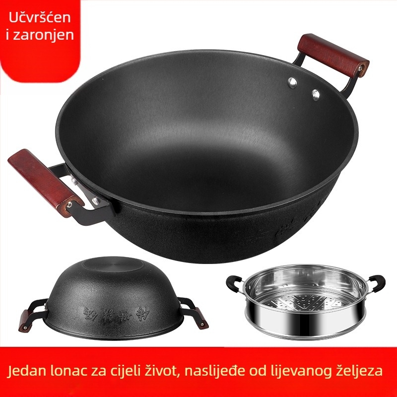 Lijevni wok s ravnim dnom, kineskog stila, bez premazivanja, poklopac od nehrđajućeg čelika sa staklom