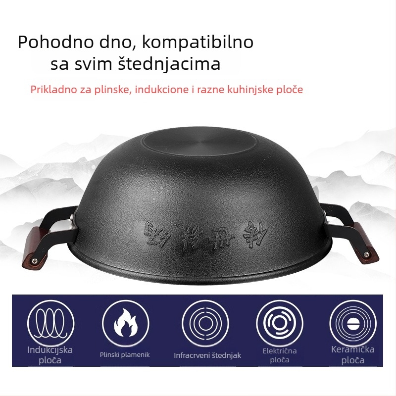 Lijevni wok s ravnim dnom, kineskog stila, bez premazivanja, poklopac od nehrđajućeg čelika sa staklom