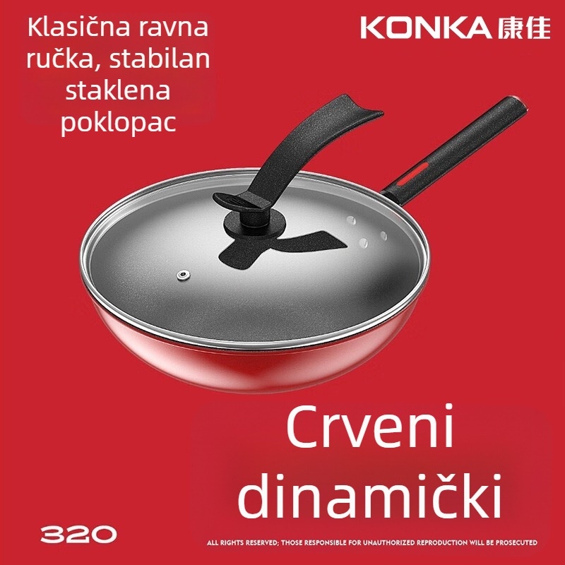 Konka wok od željeza s nealjepivim premazom, poklop od kaljenog stakla, s jednim dnom, kompatibilan sa svim pločama