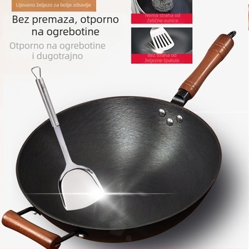 Peak wok od lijevanog željeza, bez premaza, s jednim dnom, 2 kg, poklopac od nehrđajućeg čelika