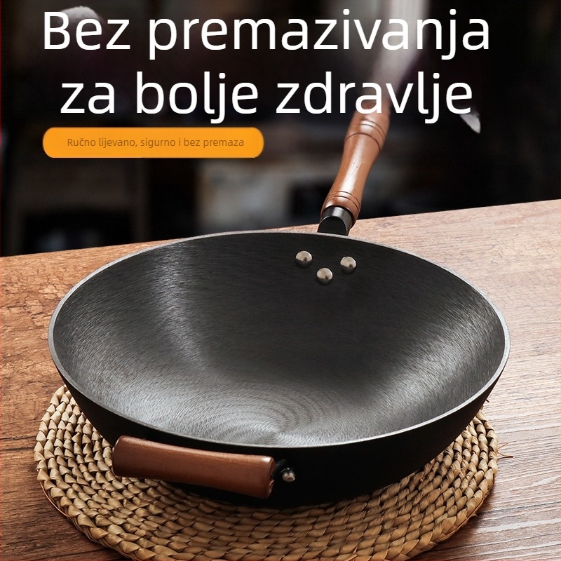 Peak wok od lijevanog željeza, bez premaza, s jednim dnom, 2 kg, poklopac od nehrđajućeg čelika