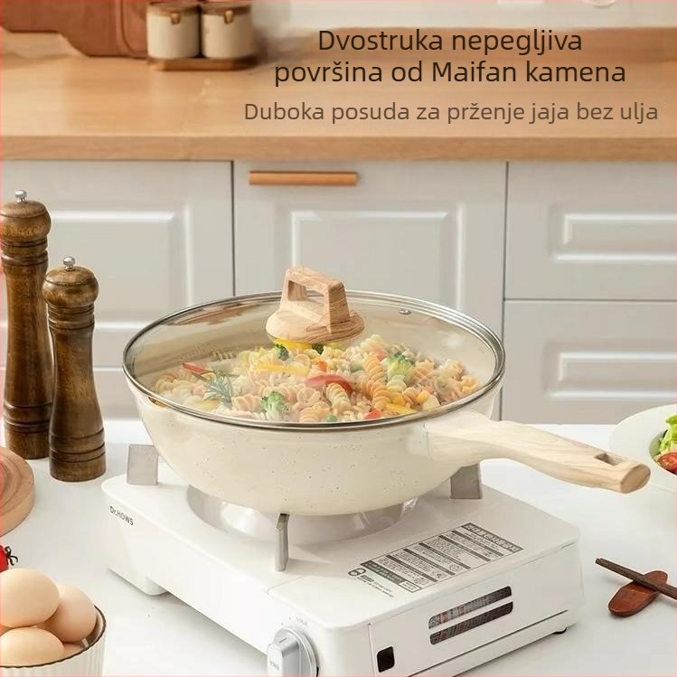 Tiganj za prženje s ravnim dnom, materijal: medicinski kamen; stil: korejski stil; neprijanjajući premaz; višeslojno dno; pogodno za plinski i indukcijski štednjak.