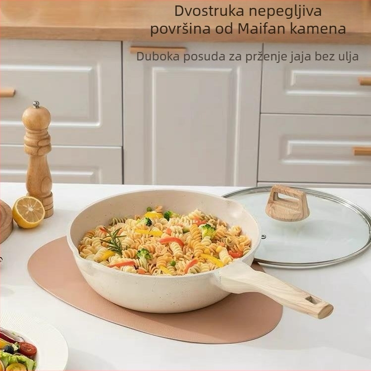 Tiganj za prženje s ravnim dnom, materijal: medicinski kamen; stil: korejski stil; neprijanjajući premaz; višeslojno dno; pogodno za plinski i indukcijski štednjak.