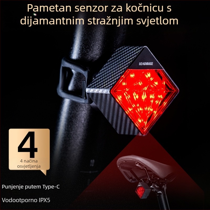 Punjiva stražnja svjetiljka za bicikl s pametnim senzorom kočenja, dijamantni dizajn, za planinski bicikl, s dvostrukim nosačem