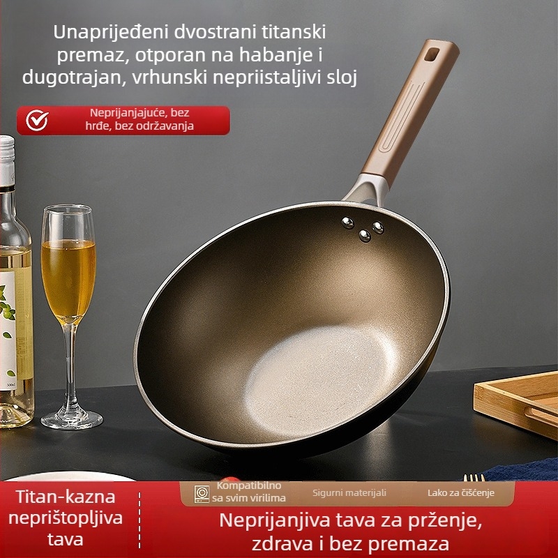 Dvostrani titan wok s titanovim premazom, neprijanjajući, ravno dno, pogodan za plin i indukciju