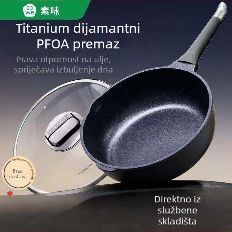 Tavica za prženje od titanij-dijamanta, bez premaza, neprijanjiva, za kućnu upotrebu, kompatibilna s indukcijskim i plinskim pločama, duboka tava