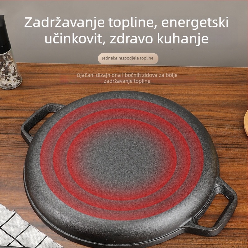 Ljevica od lijevanog željeza za palačinke i pizzu, bez premaza, s više slojeva dna, kompatibilna s plinskom i indukcijskom pločom, poklopac od nehrđajućeg čelika sa staklenim poklopcem
