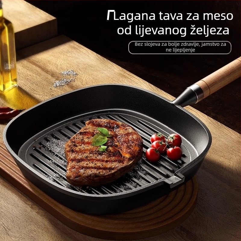 Tiganj za steak, od lijevanog željeza, bez premazivanja, prirodno nezačepavajući, težina 1,36 kg, pogodna za plin i indukciju