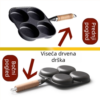 Lijevana tava od lijevanog željeza za jaja i knedle s četiri rupe, višestruka, bez premaza, drška od drveta, debelo dno