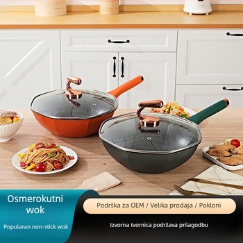 Osmerokutni wok od pročišćenog željeza s neprijanjajućim premazom, višeslojno dno, stakleni poklopac, kompatibilan s indukcijskim i plinskim pločama.