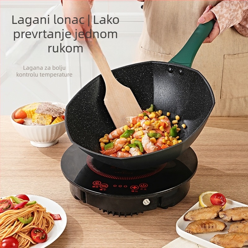 Osmerokutni wok od pročišćenog željeza s neprijanjajućim premazom, višeslojno dno, stakleni poklopac, kompatibilan s indukcijskim i plinskim pločama.