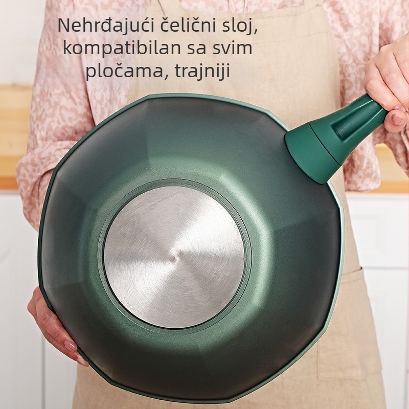 Osmerokutni wok od pročišćenog željeza s neprijanjajućim premazom, višeslojno dno, stakleni poklopac, kompatibilan s indukcijskim i plinskim pločama.