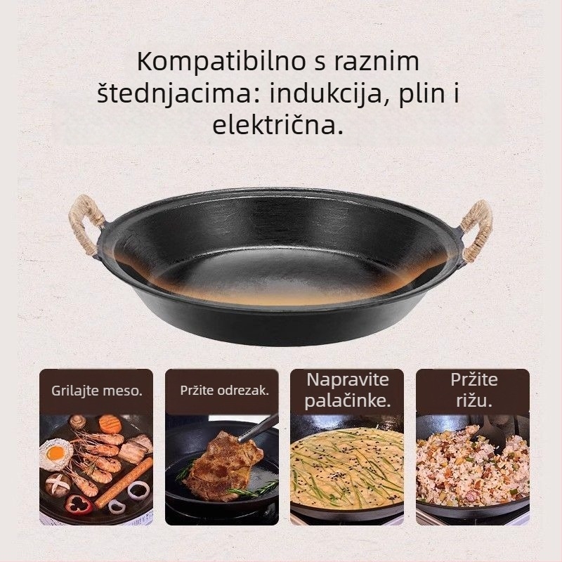 Ljevana tava s dvjema ručkama, debeli dizajn, nepriľjava površina, idealna za omlete i palačinke, kompatibilna sa svim štednjacima