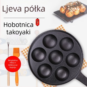 Lijevano željezni Takoyaki tiganj sa sedam rupa, duboko izdubljene udubine, bez premaza, za prženje mesnih okruglica; kompatibilan s plinskim i indukcijskim pločama.