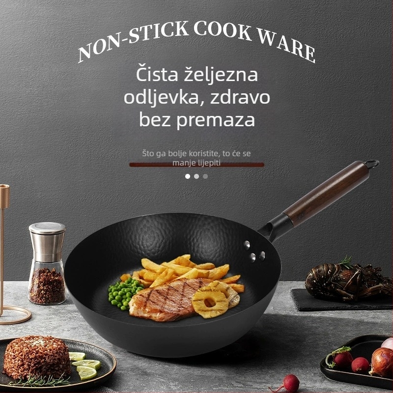 Wok s O premazom i udubljenim uzorkom, ručno kovano lijevano željezo, neprianjajući, pogodan za plin i indukciju