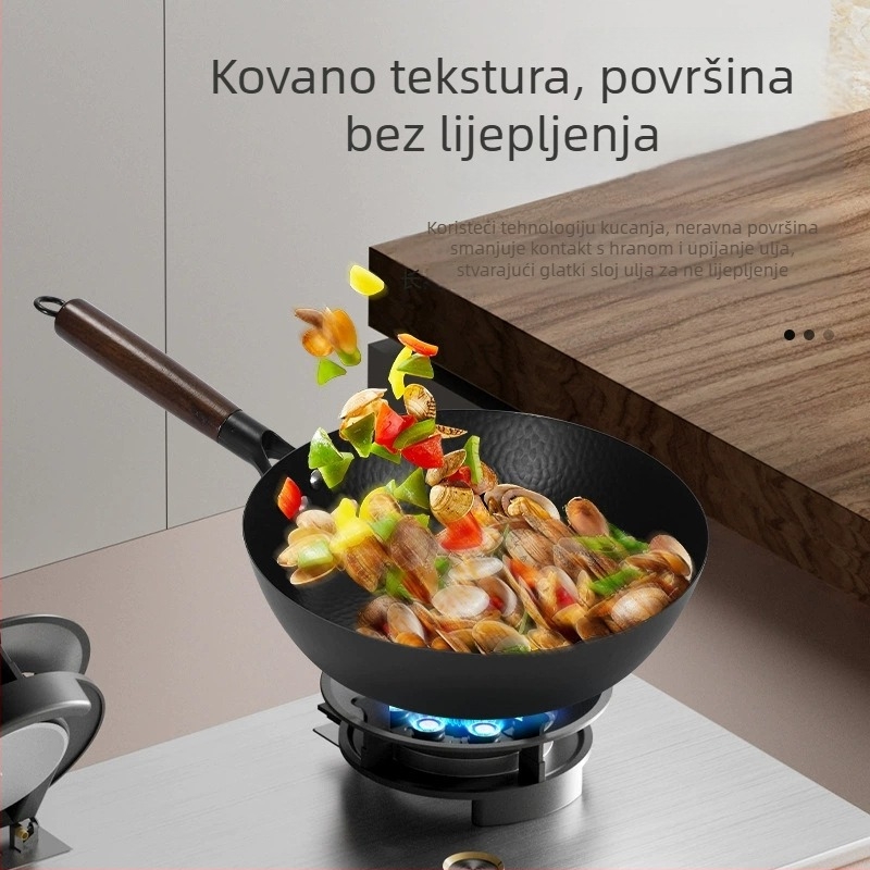 Wok s O premazom i udubljenim uzorkom, ručno kovano lijevano željezo, neprianjajući, pogodan za plin i indukciju
