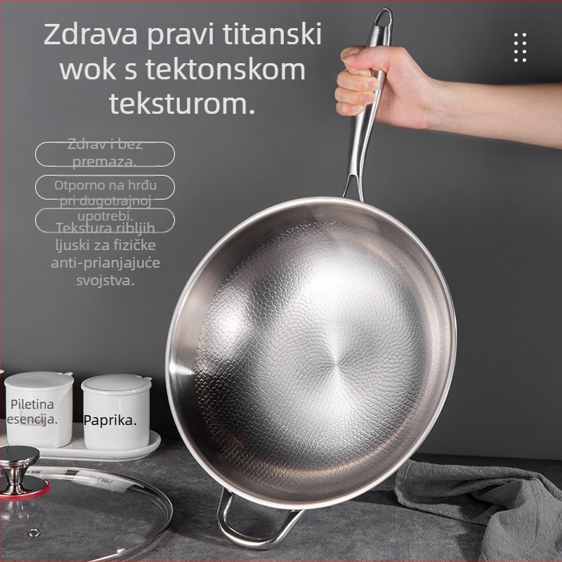 Wok od nehrđajućeg čelika s teksturom ribljih ljuski, ravno dno, višeslojno dno, bez premaza, pogodan za plin i indukciju