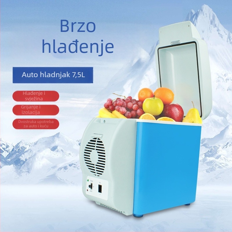 Mini auto hladnjak s dvostrukom funkcijom hlađenja i grijanja, kapacitet 7,5 L, napajanje 12V, 30-48W, hlađenje do 3°C, grijanje do 50°C