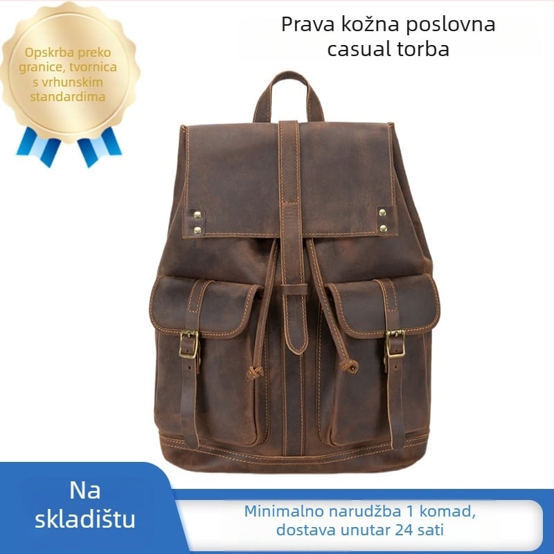 Crazy Horse kožni ruksak – ručna izrada, unisex, vintage euro-američki stil, za 14-inčni laptop, vrhunska goveđa koža, kapacitet ispod 20 L, zakrivljene naramenice
