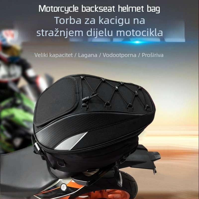 Motociklistička stražnja torba, vodootporna, reflektirajuća, kapacitet 25–37 L, model 0102, materijal Oxford tkanina + uzorak karbonskih vlakana, uključuje navlaku za kišu