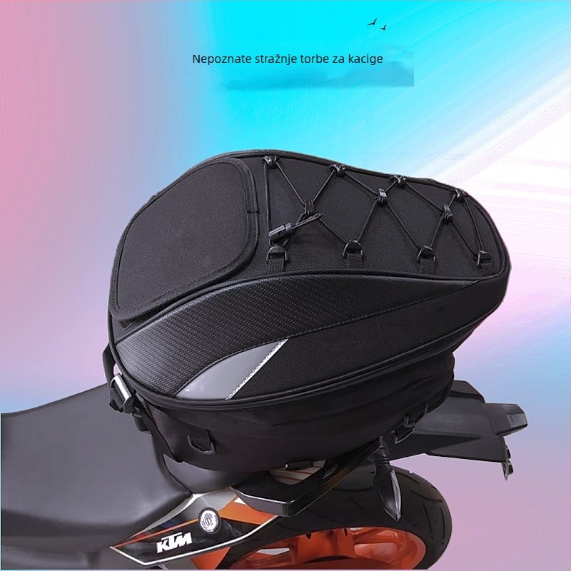 Motociklistička stražnja torba, vodootporna, reflektirajuća, kapacitet 25–37 L, model 0102, materijal Oxford tkanina + uzorak karbonskih vlakana, uključuje navlaku za kišu