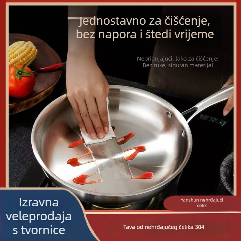Tanjur od 304 nehrđajućeg čelika s trostrukim dnom i ravnim dnom – kompatibilan s plinskim i indukcijskim pločama; za prženje, pirjanje i duboko prženje; bez poklopca; mogućnost tiska logotipa