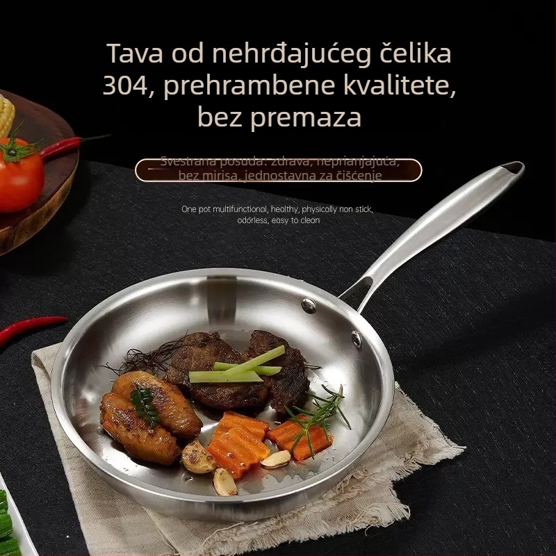 Tanjur od 304 nehrđajućeg čelika s trostrukim dnom i ravnim dnom – kompatibilan s plinskim i indukcijskim pločama; za prženje, pirjanje i duboko prženje; bez poklopca; mogućnost tiska logotipa