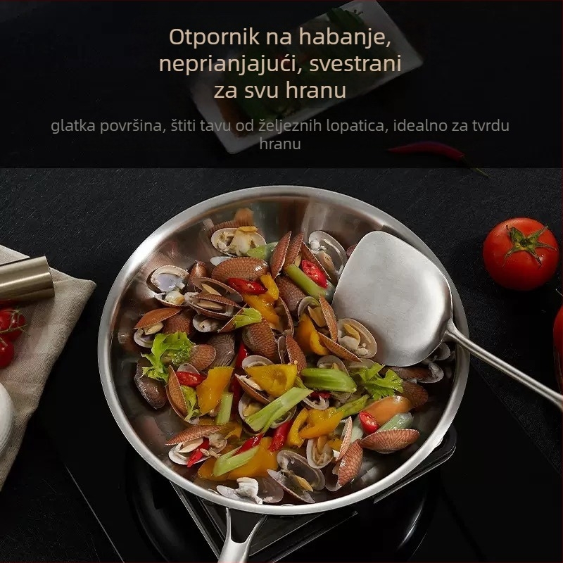 Tanjur od 304 nehrđajućeg čelika s trostrukim dnom i ravnim dnom – kompatibilan s plinskim i indukcijskim pločama; za prženje, pirjanje i duboko prženje; bez poklopca; mogućnost tiska logotipa