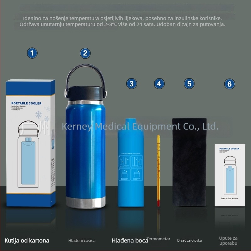 Chladič za inzulin, prenosni, od nehrđajućeg čelika, bez napajanja, kapacitet do 5 L, težina 605 g, održava 2°C