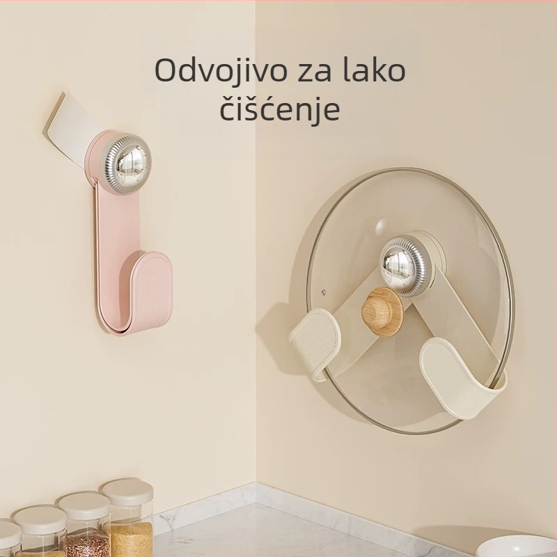 Rotirajući držač poklopaca, zidni bez bušenja, kuhinjski organizer (Materijal: plastika; Instalacija: zidna; Rotacija: rotirajući; Upotreba: pohrana poklopaca i kuhinjskih alata)