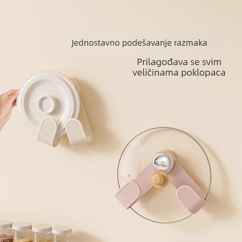 Rotirajući držač poklopaca, zidni bez bušenja, kuhinjski organizer (Materijal: plastika; Instalacija: zidna; Rotacija: rotirajući; Upotreba: pohrana poklopaca i kuhinjskih alata)