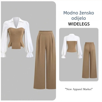 Ženski dvodijelni kostim za jesen/zimu, top s košuljom, dugi rukavi, jednobojni poliester, elegantan gradski stil