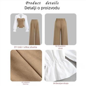 Ženski dvodijelni kostim za jesen/zimu, top s košuljom, dugi rukavi, jednobojni poliester, elegantan gradski stil