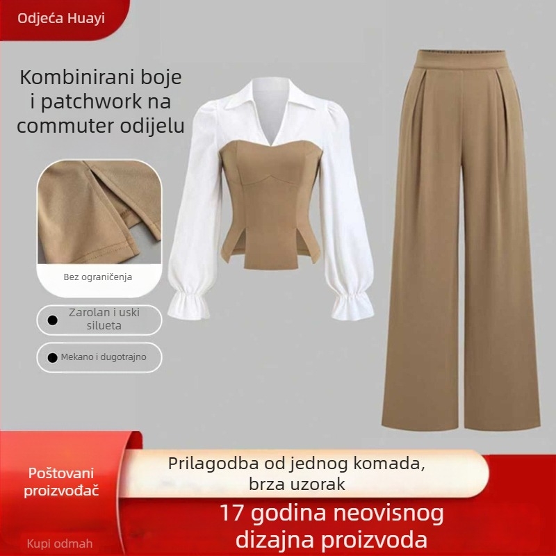 Ženski dvodijelni kostim za jesen/zimu, top s košuljom, dugi rukavi, jednobojni poliester, elegantan gradski stil