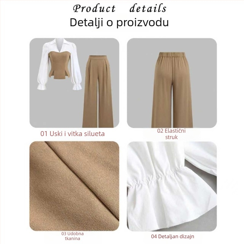 Ženski dvodijelni kostim za jesen/zimu, top s košuljom, dugi rukavi, jednobojni poliester, elegantan gradski stil