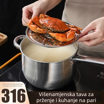 Višenamjenska posuda za prženje i kuhanje na pari od nehrđajućeg čelika 316 sa cedilicom, poklop od nehrđajućeg čelika, jednoslojno dno, kompatibilna sa svim pločama