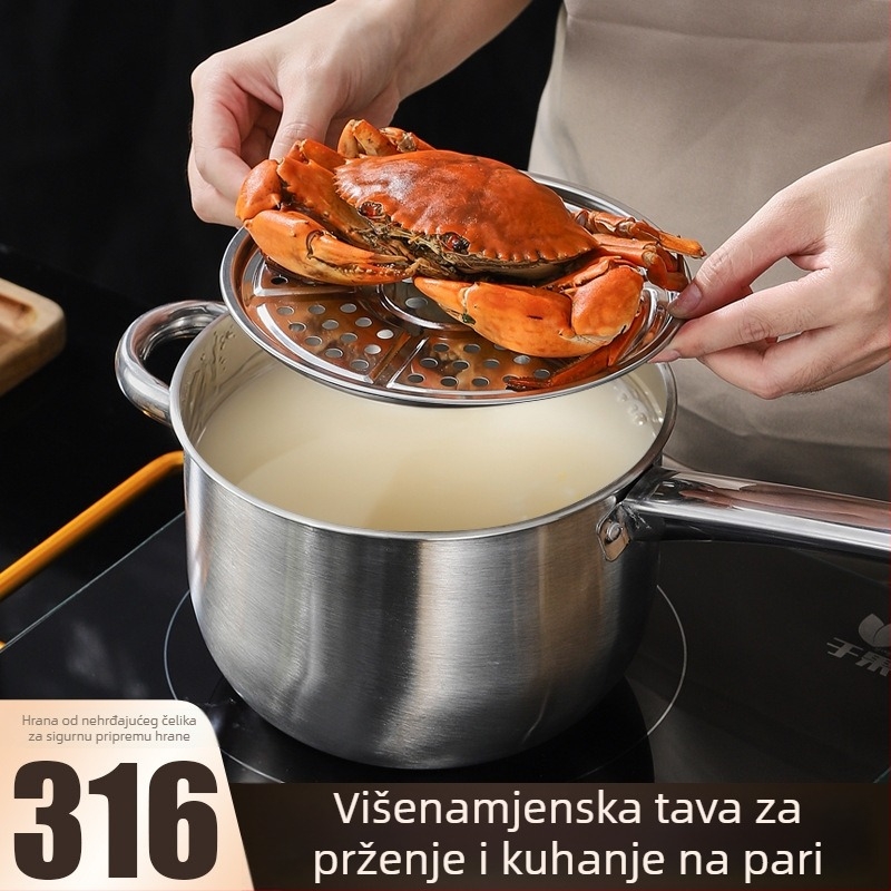 Višenamjenska posuda za prženje i kuhanje na pari od nehrđajućeg čelika 316 sa cedilicom, poklop od nehrđajućeg čelika, jednoslojno dno, kompatibilna sa svim pločama