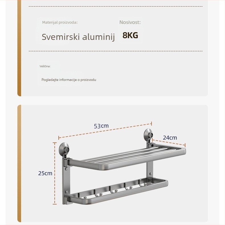 Držač za ručnike u kupaonici, dvostruka šipka, bez bušenja, sklopni, aluminij AW837